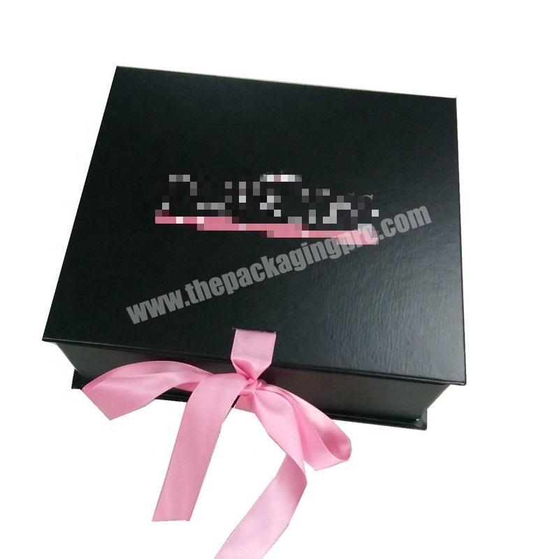 Flat Pack Folding Magnetic Box Black Printed with Pink Ribbon Closure