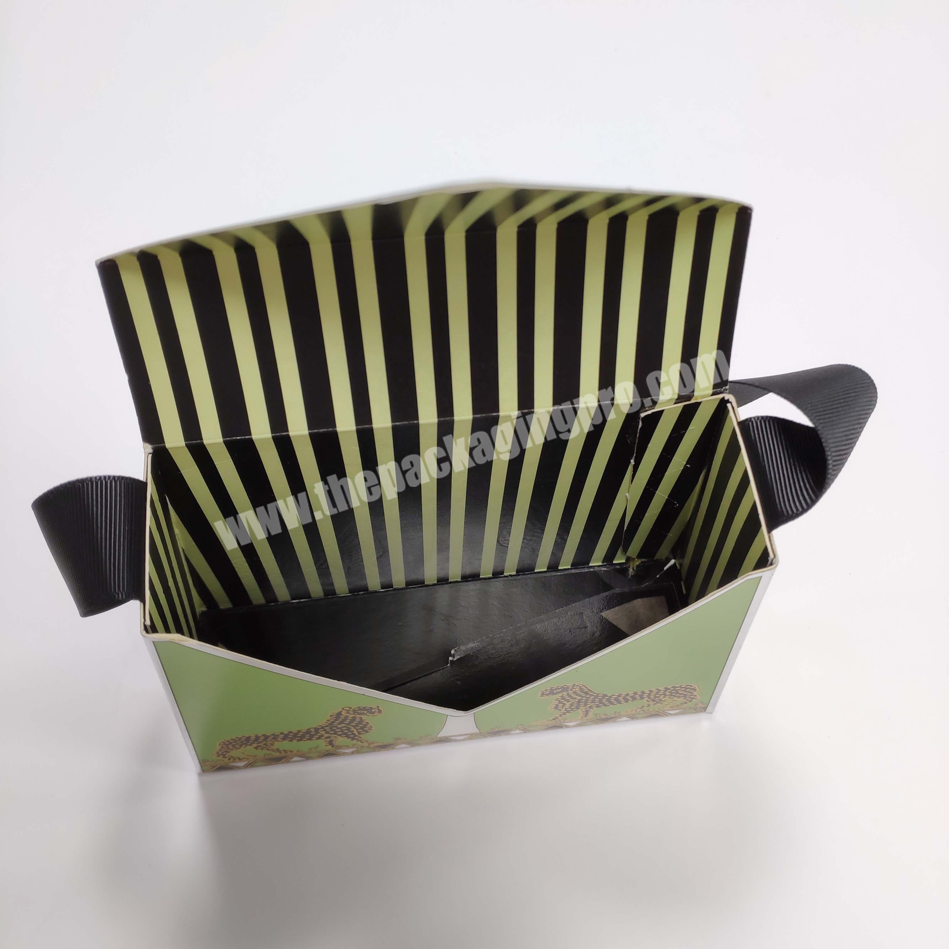 High Gloss Trapezoid Shape Paper Bag Auto-lock Bottom Paper Bag Box with Ribbon Handle
