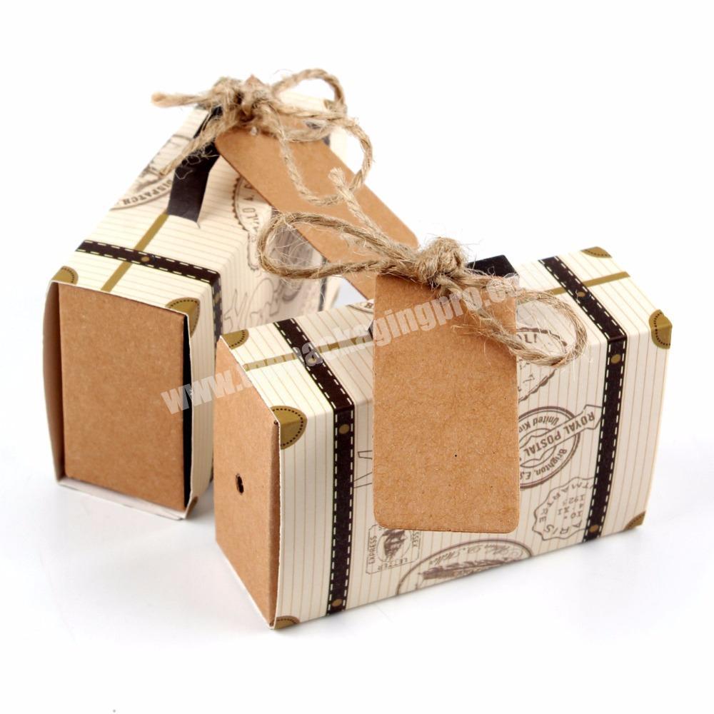 Hot sale gift packaging box mini vintage suitcase kraft candy box with tag wholesale
