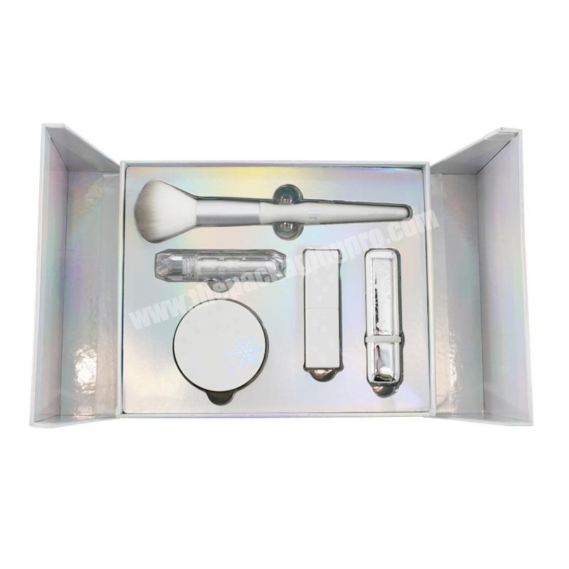 Custom Luxury Retail Logo Printed  High Quality  Rigid Cardboard Silver Paper Cosmetic Set Gift Packaging Box