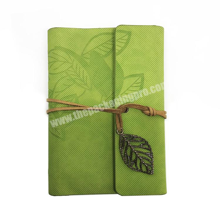 Custom Vintage Leaf Decor Faux Cow Leather Spiral Page Notebook Creative Pocket Travel Journal Book