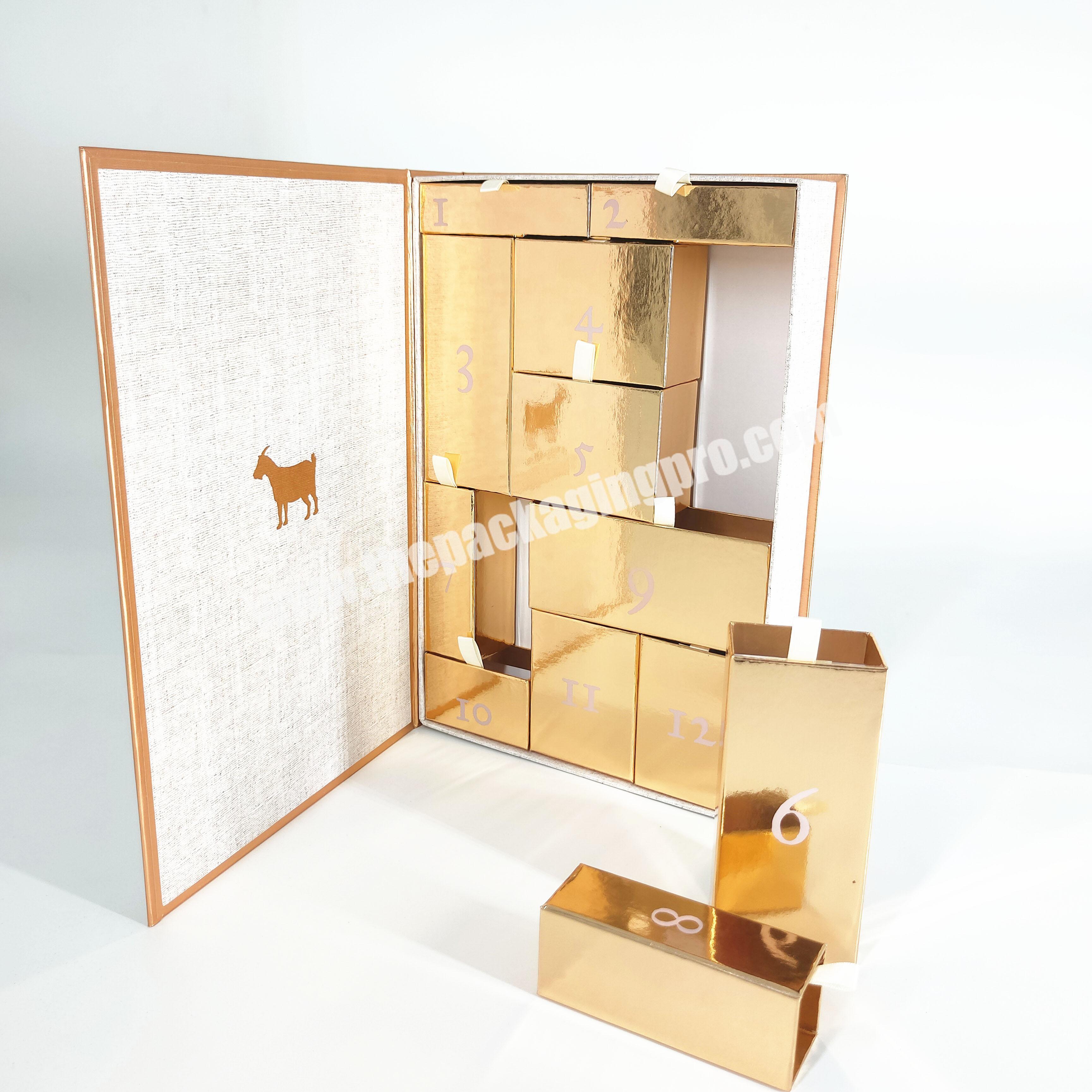 Luxury Custom Logo Printing Magnetic Closure golden christmas Packaging Paper Drawer Advent Calendar gift Box