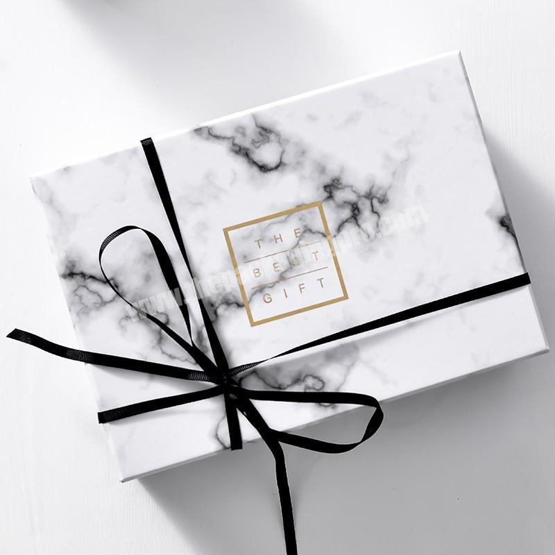 Custom white marble printed paper cardboard favor gift box packaging  for wedding invitation with gold foil logo wholesale