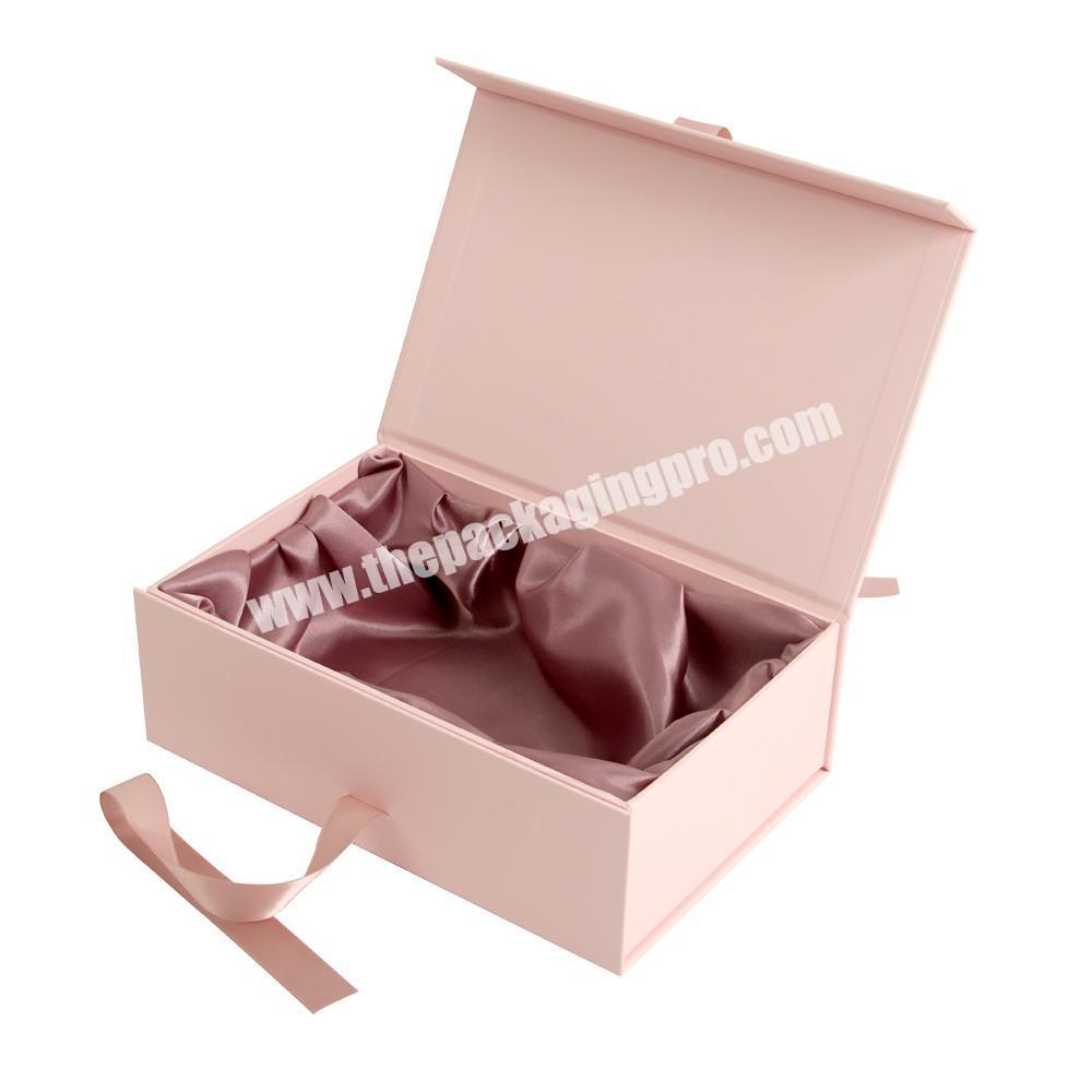 New Arrival Fo Simple Elegant Folding Magnetic Pink Clothing Wigs Hat Handbag Gift Packaging Paper Box With Satin and Ribbon
