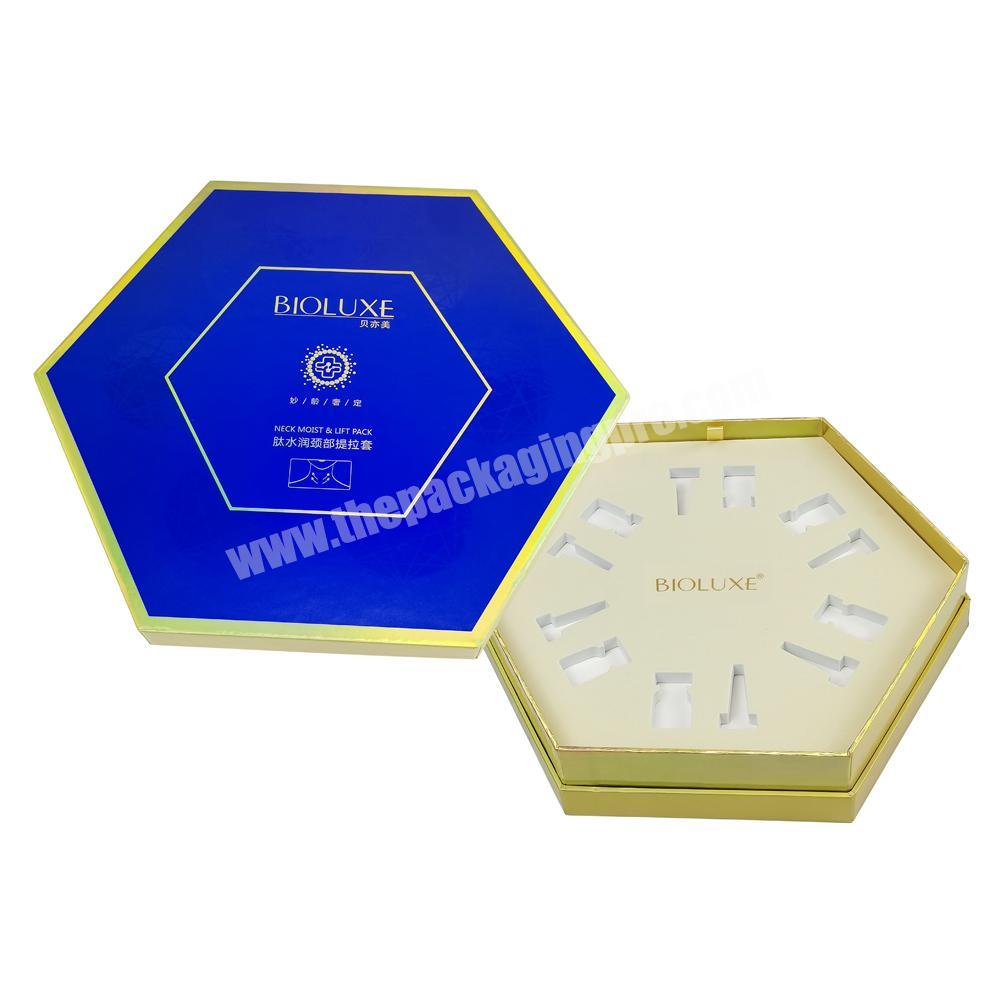 Certificated luxury hexagon cosmetic bottle package boxes with EVA,velvet EVA insert packaging paper boxes with blue lid