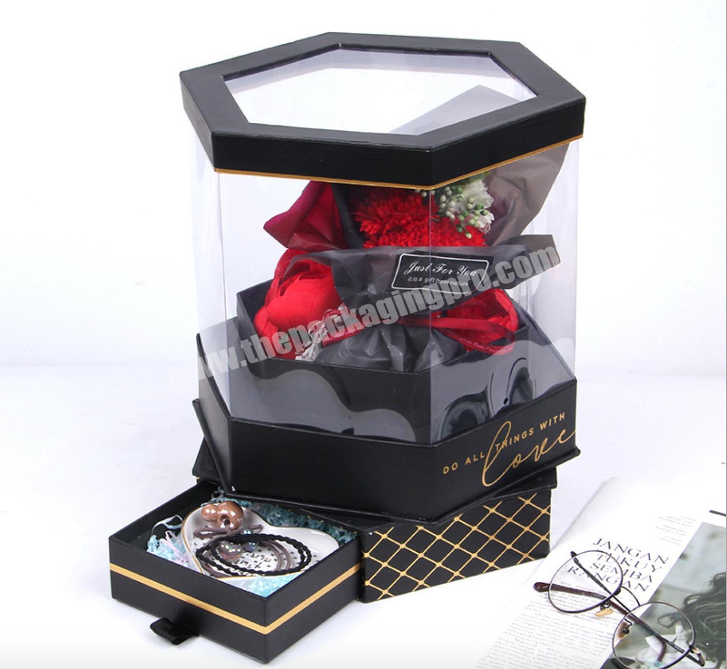 Clear Pvc Window Cardboard Gift Rose Bouquet Packaging Black White Pink Red Hexagonal Hat For Flowers Luxury Hexagon Flower Box