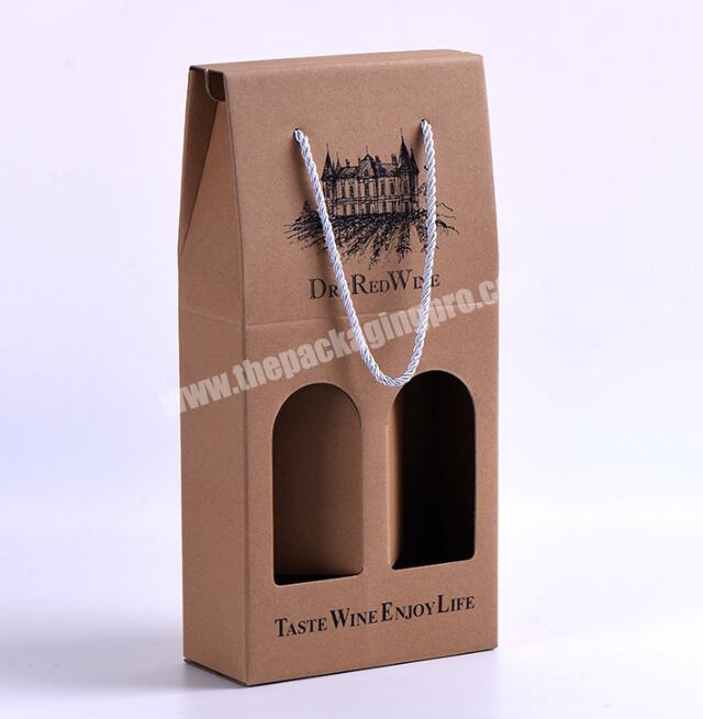 Custom 2 bottles wine glass box set brown cardboard Collapsible gift wine box with PP handle