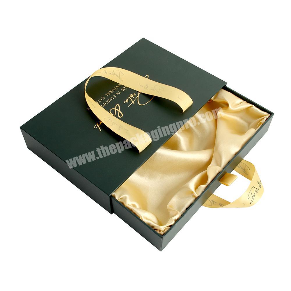 Custom Logo Luxury Hair Extension Gold Packaging Box Black Storage Cardboard Drawer Gift Box Packaging Box With Ribbon Handle