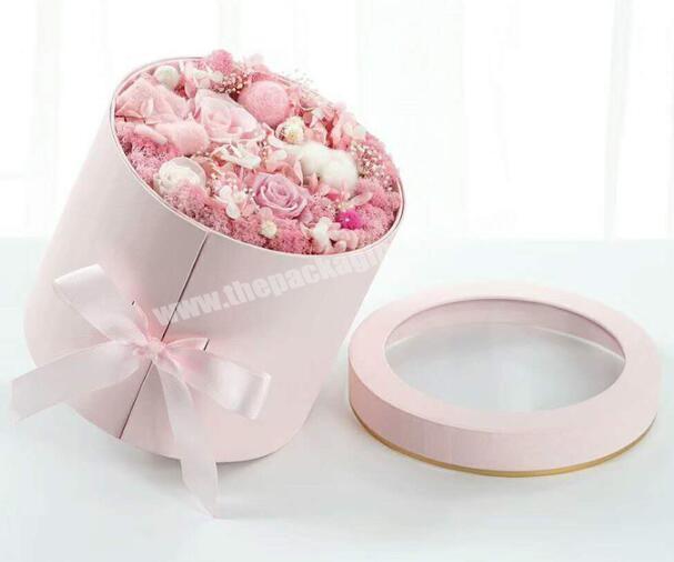 Custom Made Packaging Box Open Window Fresh Rose Hugging Bucket Round Flower Box Double Layer Rotating PVC Gift Packaging Paper