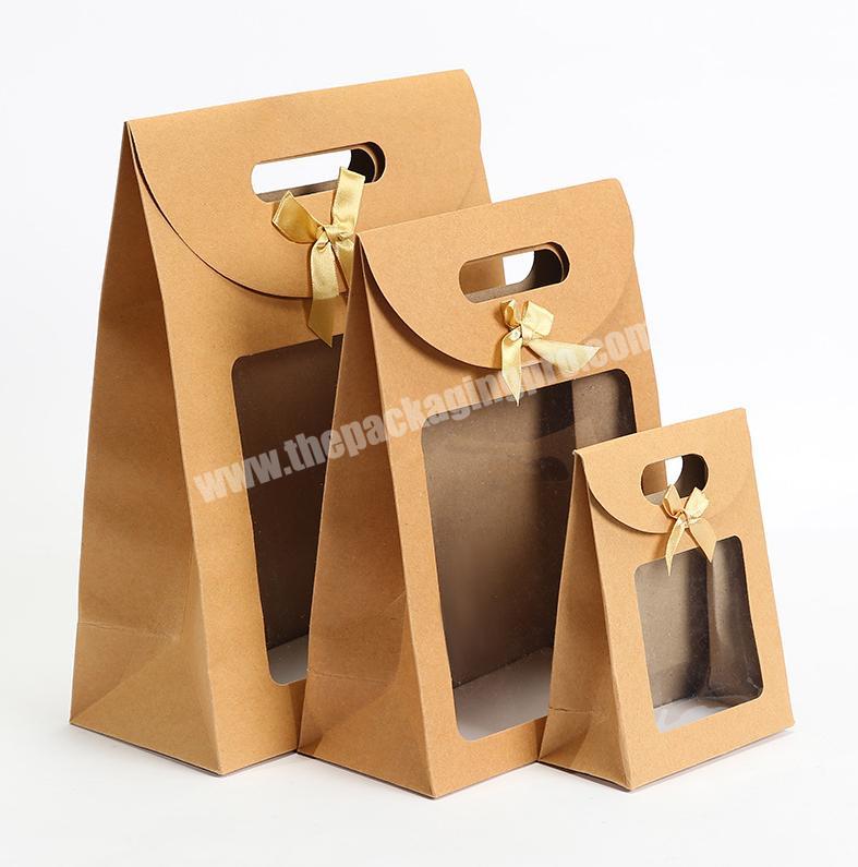Custom Printed Logo Disposable Recycled Kraft Paper Gift Bag Fancy Paper Bag With Clear Window