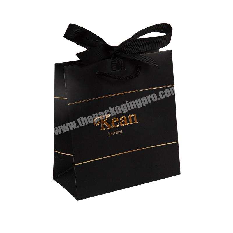 Custom gold foil print decorative handmade small black paper gift bags with ribbon handle