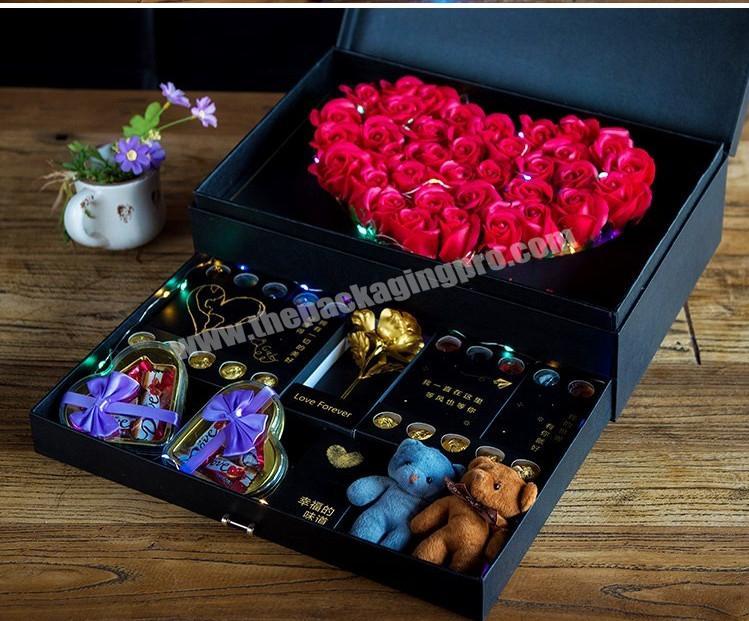 Custom luxury big square shape double layer jewelry gifts packaging rose flower box with drawer