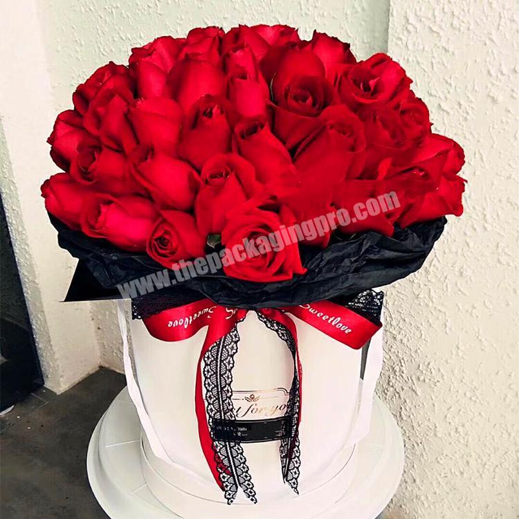 Custom luxury gold foil logo white black cardboard paper roses gift packaging round flower box with lid