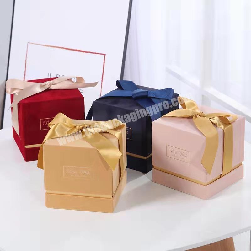 Custom luxury high-end colorful velvet gift box square paper box packaging for candles cosmetic perfume gifts with ribbon