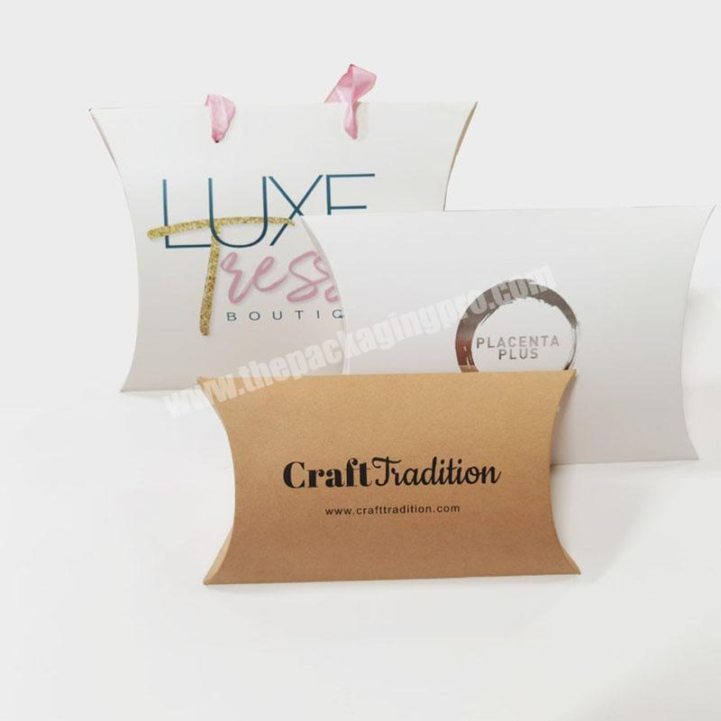 Custom luxury paper company logo pillow box cosmetics packaging cardboard box paper hair packaging boxes with pink ribbon