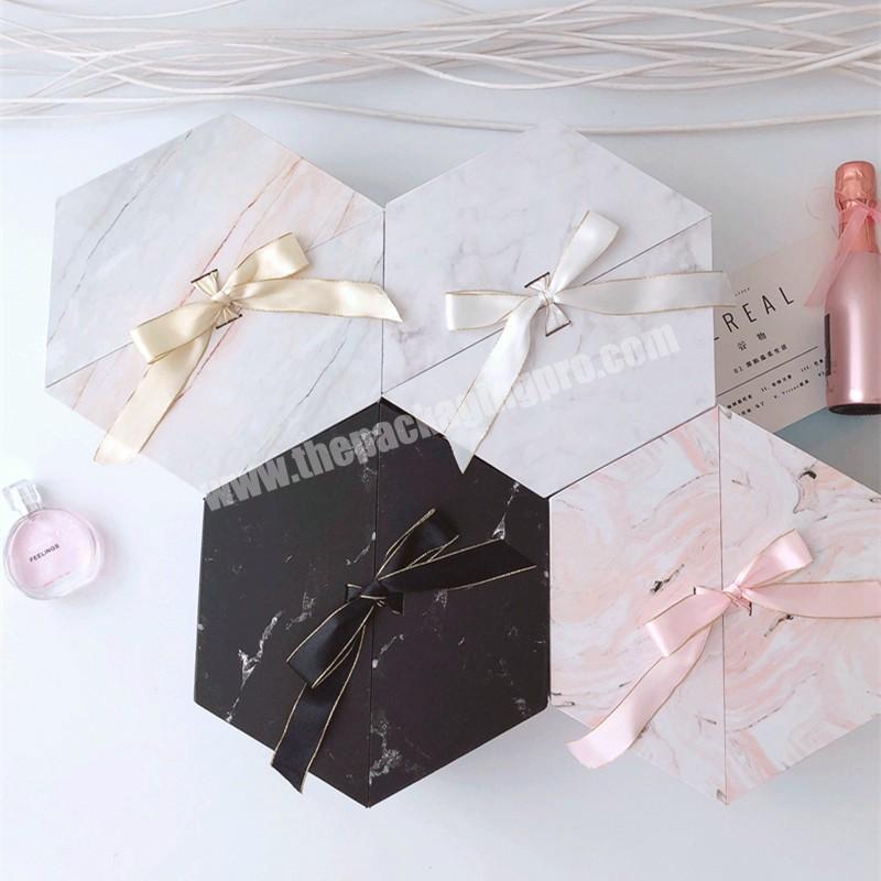 Custom ribbon decorative luxury hexagon paper rigid cardboard gift box flower rose packaging with print marble wholesale