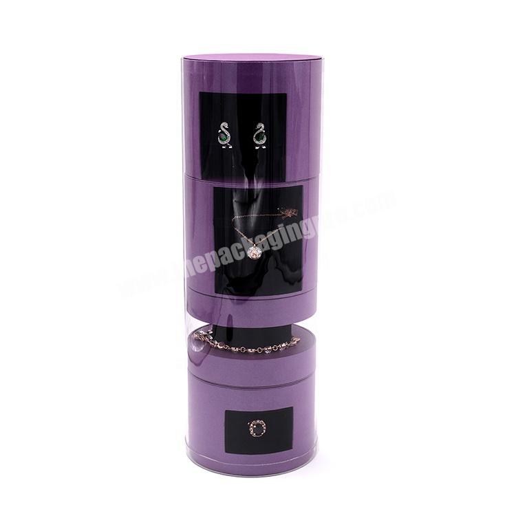 Customized luxury high-end design purple cylinder jewelry display rack stand with four-part for Earrings ring bracelet Necklace