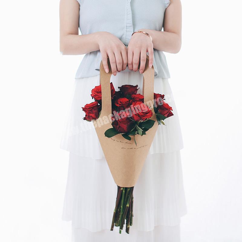 Eco friendly biodegradable kraft paper handle foldable box holder rose packaging carrier portable flower carry bag