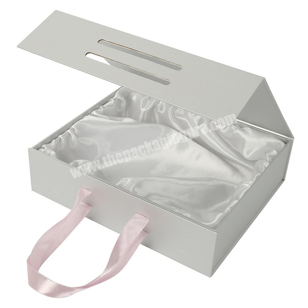 FSC certificated satin lined rigid Magnetic cardboard white paper box packaging with ribbon handle