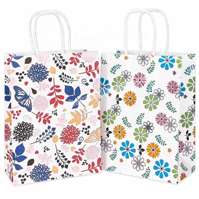 Floral Small Kraft Gift Favor Paper Bags with Handles for Wedding Birthday Mother's Day Baby Showers Shopping and Party Supplie