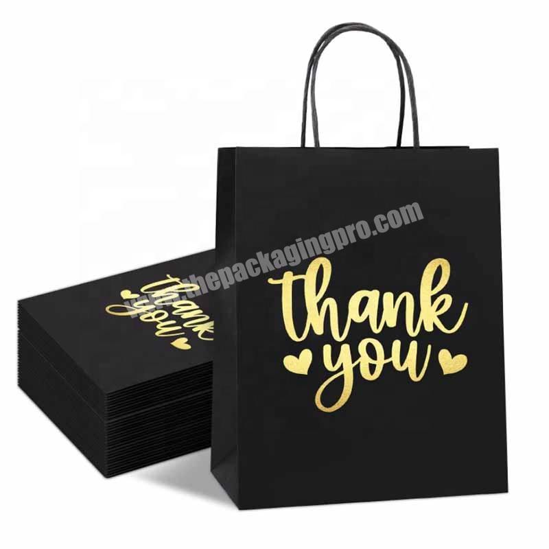 Gold Foil Thank You Black paper packaging bags with Handles for Shopping Wedding Baby Shower Holiday Party Favors
