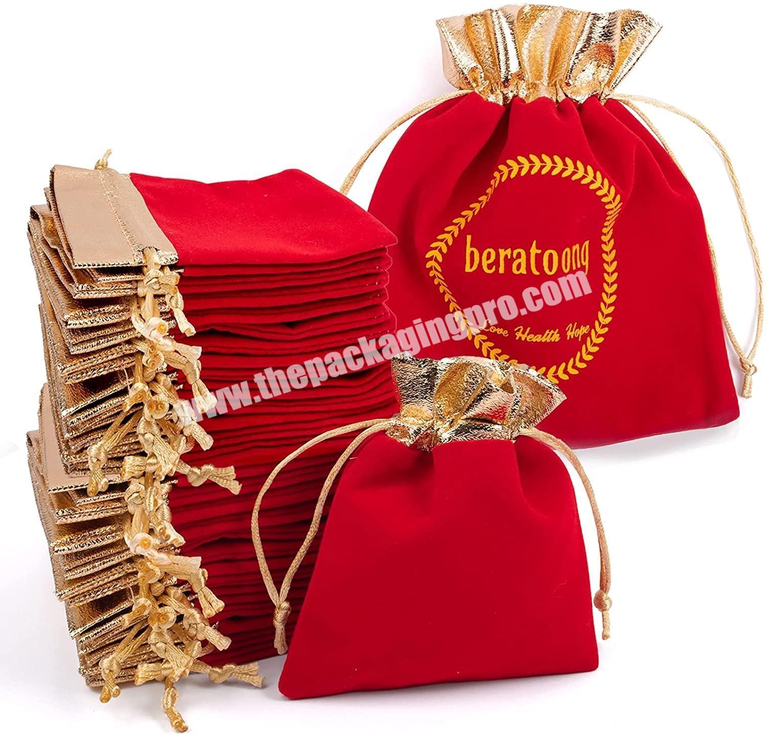 Hot sale red wedding favor jewelry package pouch with logo printed necklace jewelry ring earrings velvet bag packaging