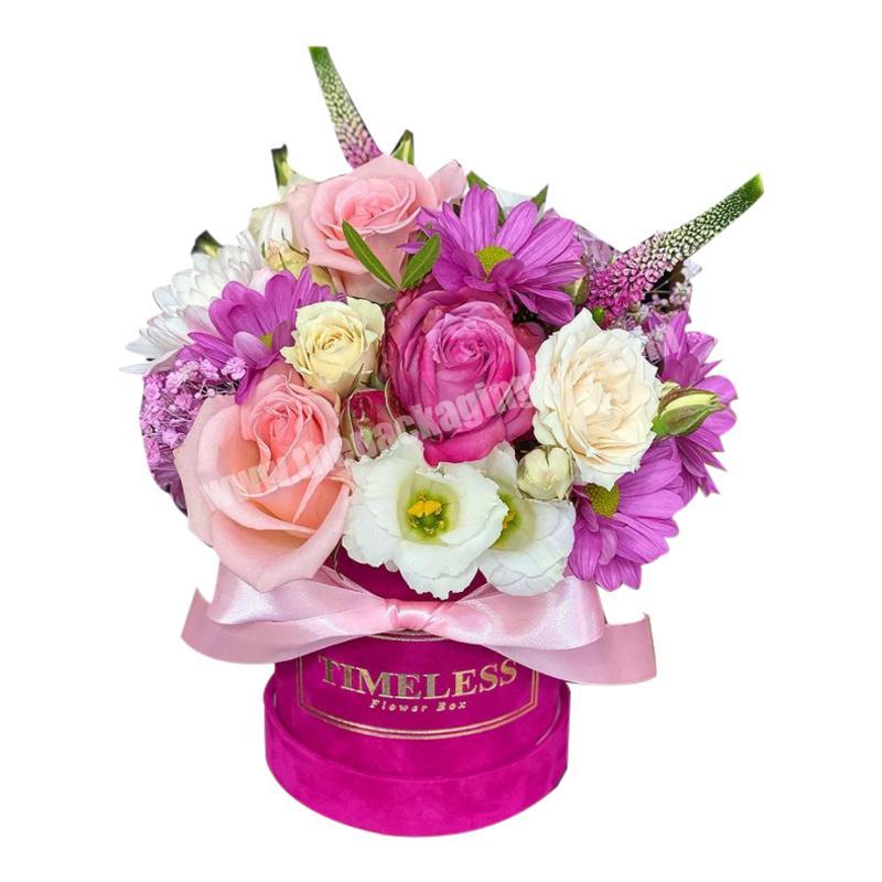 Hot sell soft velvet flower box beige light pink purple suede hat paper cardboard round rose cylinder flower box packaging