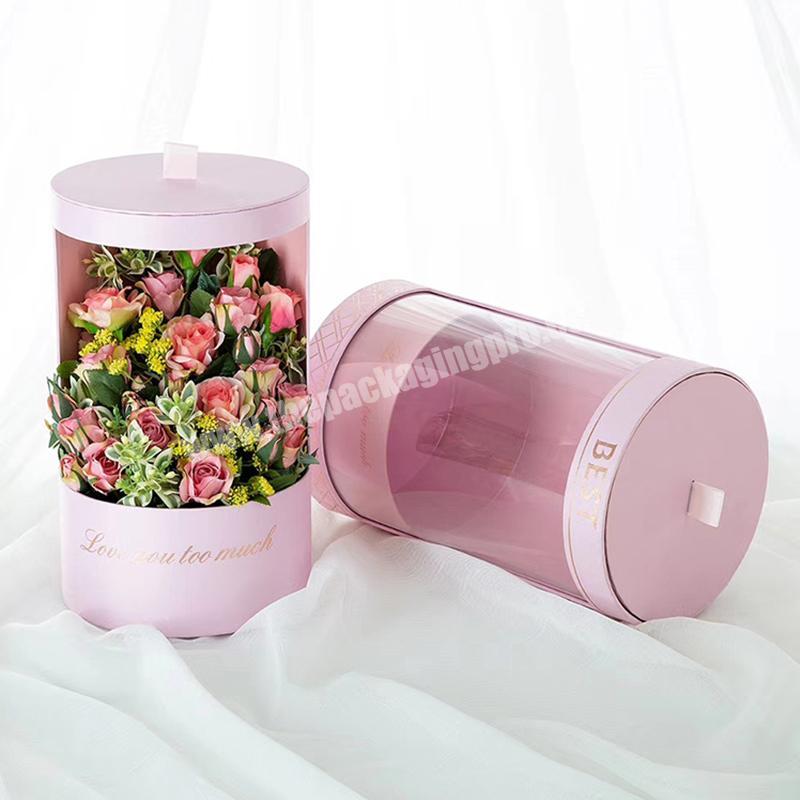 Luxury Clear Transparent Paper Round Flower boxes, Cylinder Shape Gold Stamping Logo Pink Flower Packaging Box For Roses