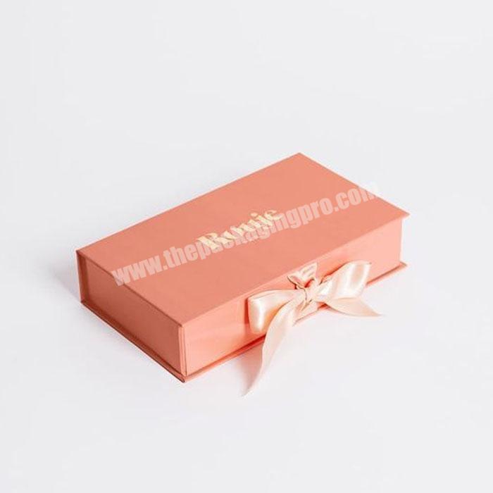 Luxury Flat Packing Folding Cardboard Paper Pink Box Ribbon Closures Book Shaped Foldable Packaging Gift Boxes Magnetic Lid Box