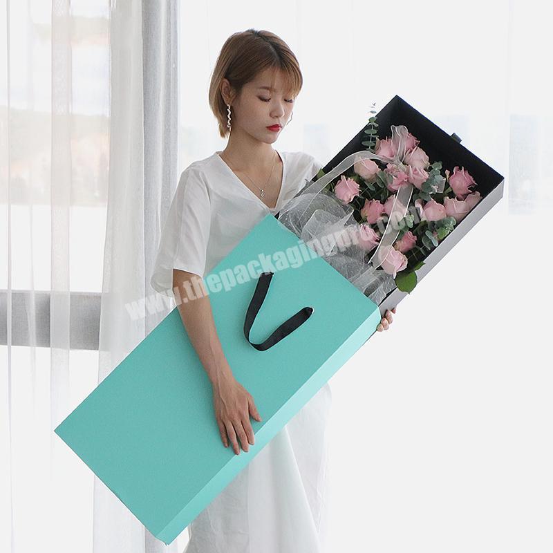 Luxury Huge Rectangle Florist Display Ribbon Handle Cardboard Paper Rose Packaging Boxes For Roses Custom Long Flower Box