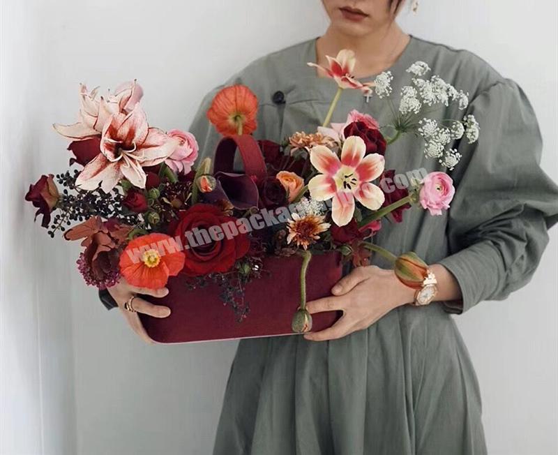 Luxury Rectangular Cardboard Portable Basket Artificial Fresh Rose Packaging Velvet Square Grey Round Suede Flower Box