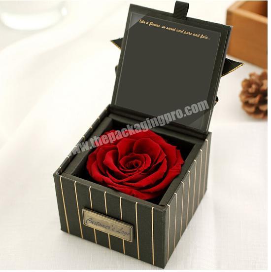 Luxury mini square hot gold stamping stripe bouquet single one artificial fresh rose flower box for wedding decoration