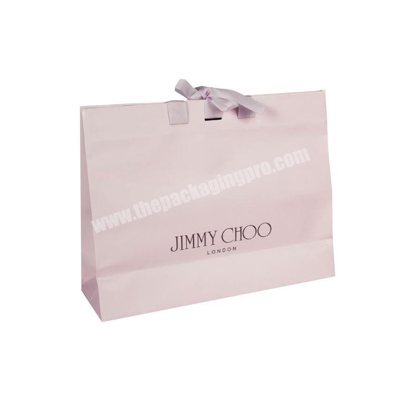 Luxury pink print brand Dress packaging paper bag gift shopping foldable paper gift bag with ribbon