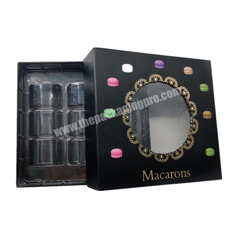 Manufacturer 9 pieces black cardboard macaron box custom gold foil logo luxury macaron packaging box with clear window