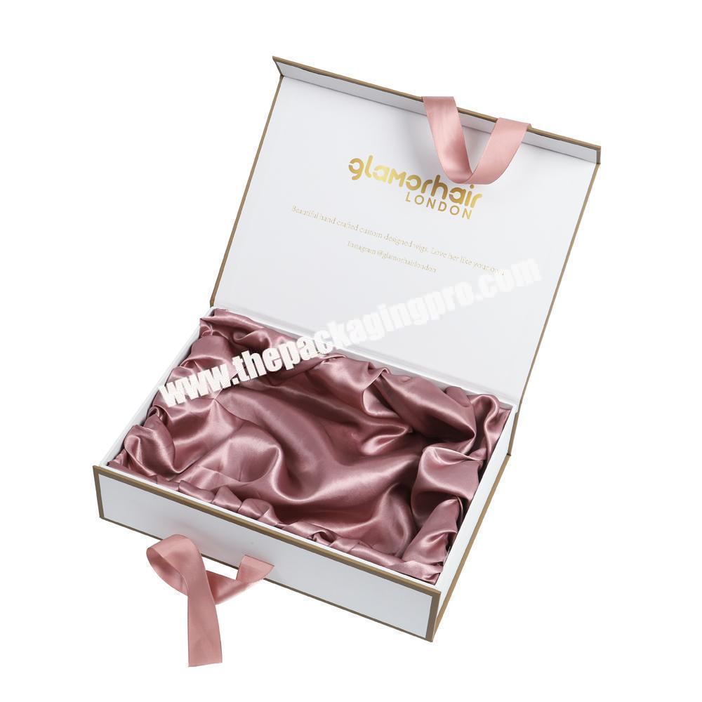 New Arrival fo Simple Elegant Folding Pink Rigid Magnetic Satin Lined Luxury Hair Extensions Paper Packaging Box With Ribbon