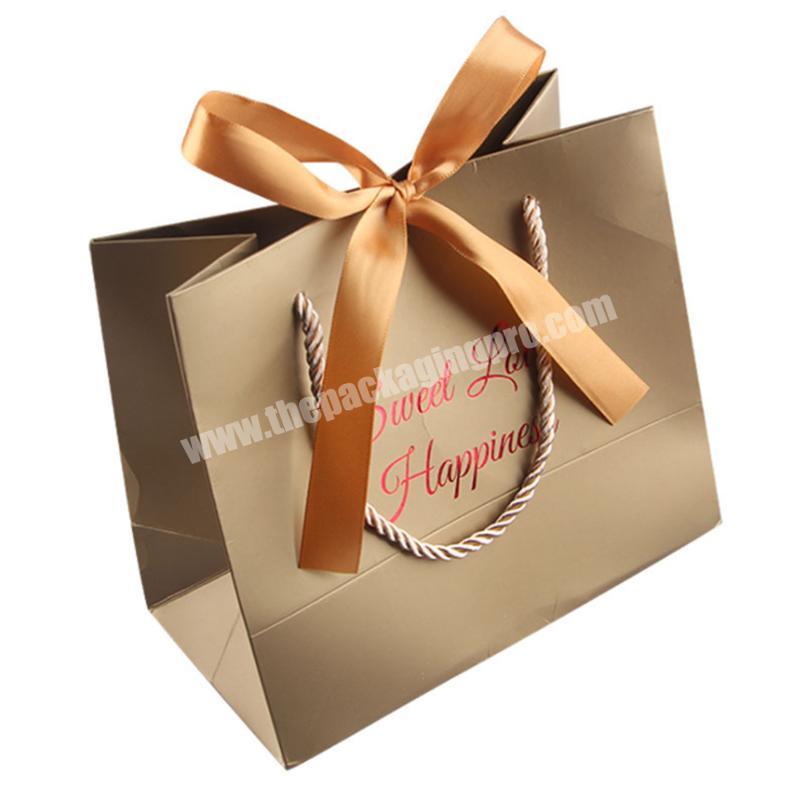 Recyclable paper material luxury gold color small wedding gift paper bag bag custom printed gift bag with ribbon