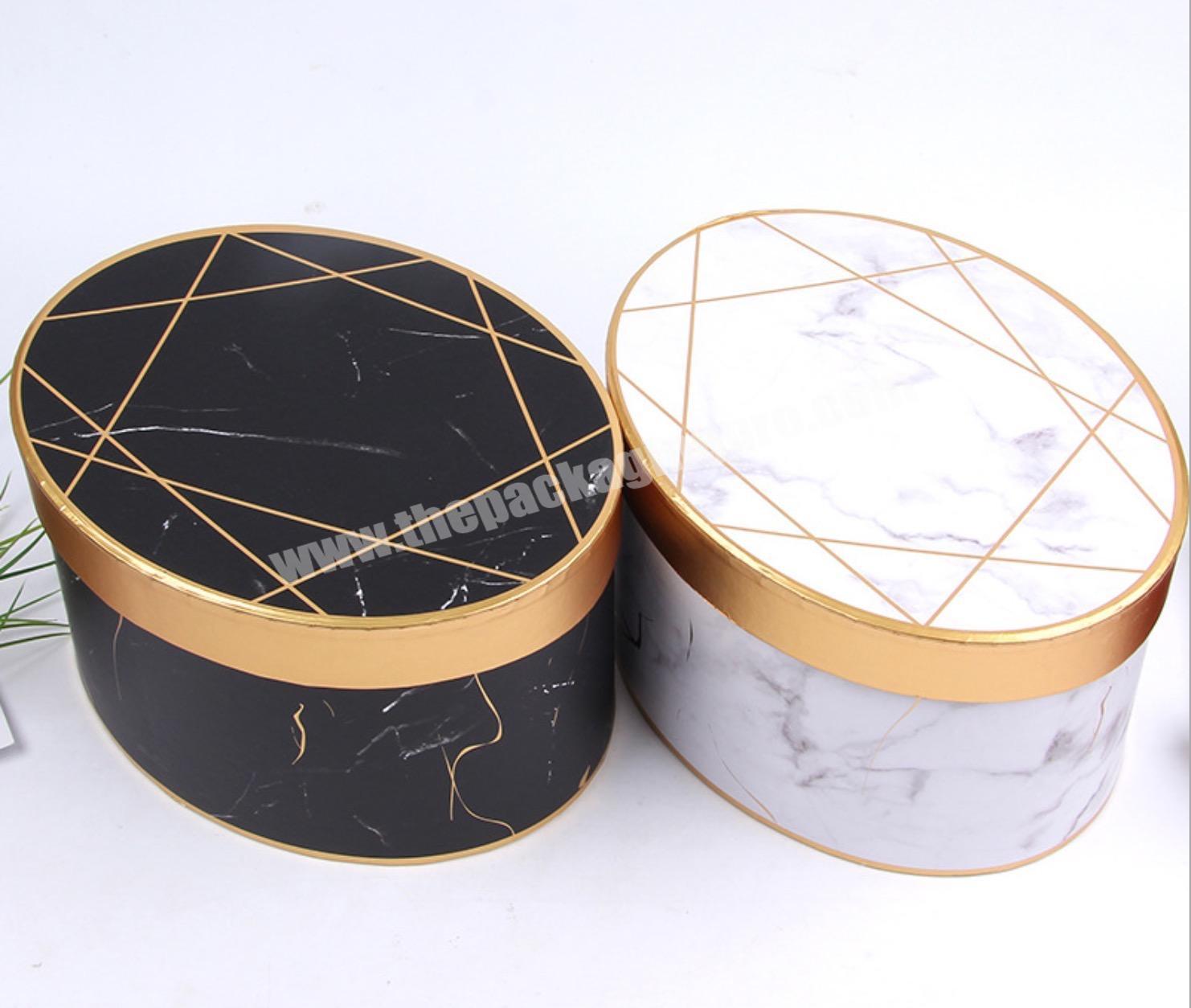 Special Ellipse Shape Rigid Paper White Black Marble Gold Foil Edge Gift Fresh Rose Packaging Oval Shaped Flower Box