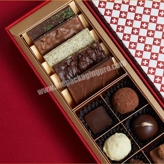 Top High Quality Rectangular Red Rigid Cardboard Gifts Bar Sweets Bonbon Packaging With Tray Candy Luxury Chocolate Paper Box