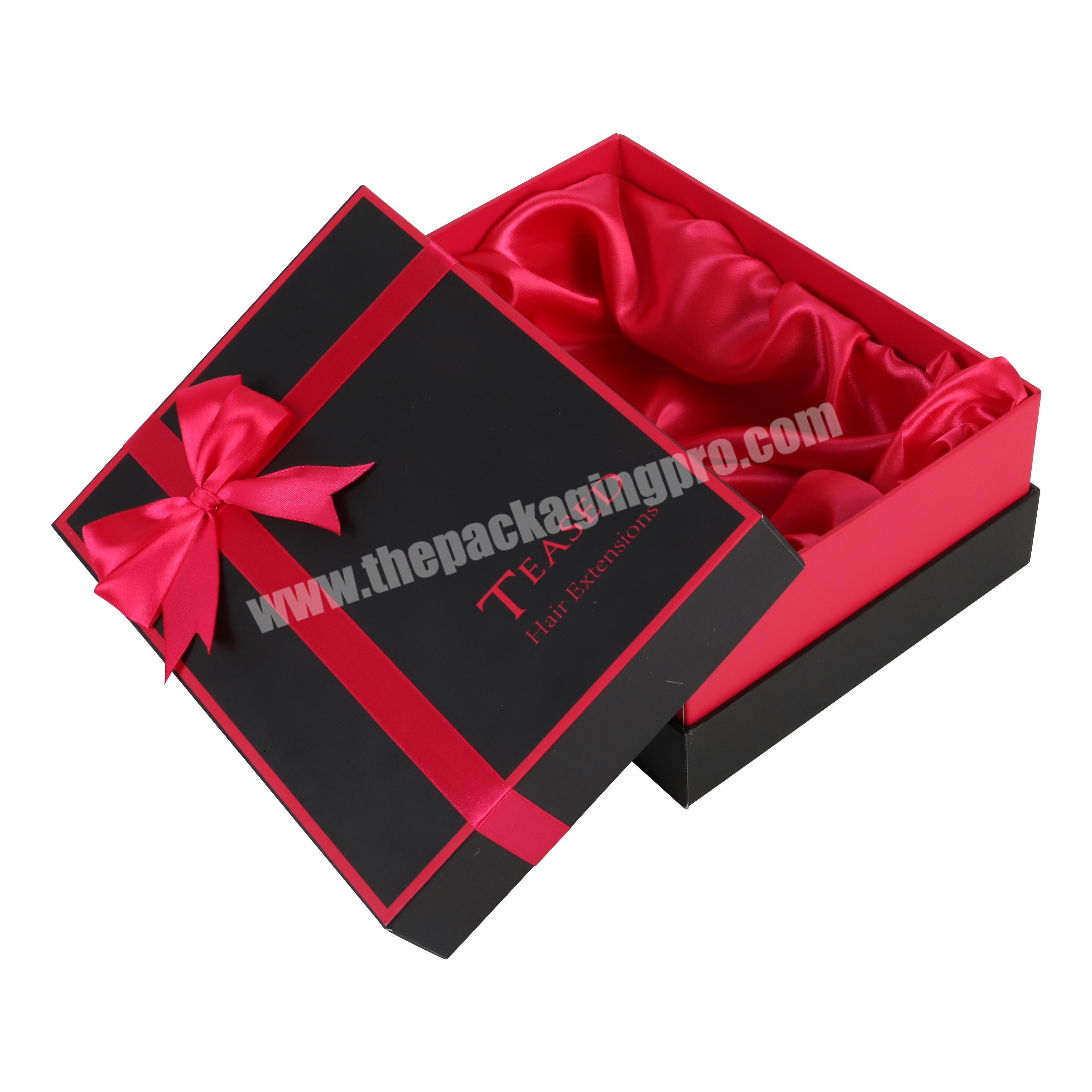 Best Selling Items Rigid Black Satin Gift Paper Box With Red Ribbon