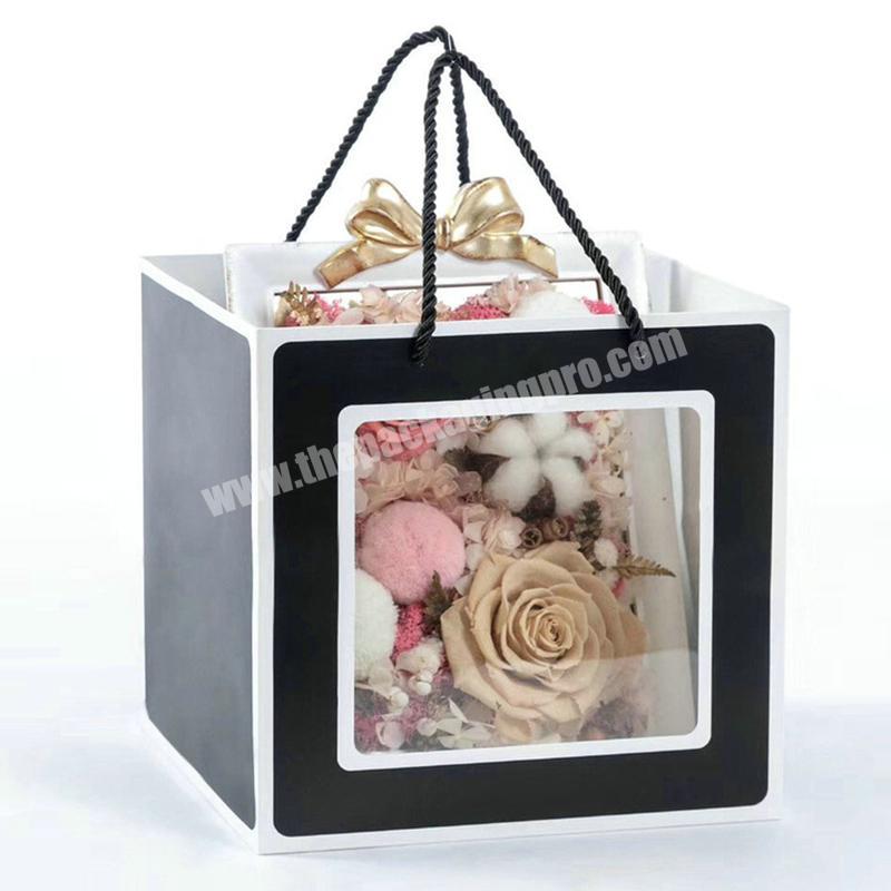 Wholesale recycled bouquets packaging bag custom printing logo square shopping paper bag with clear window