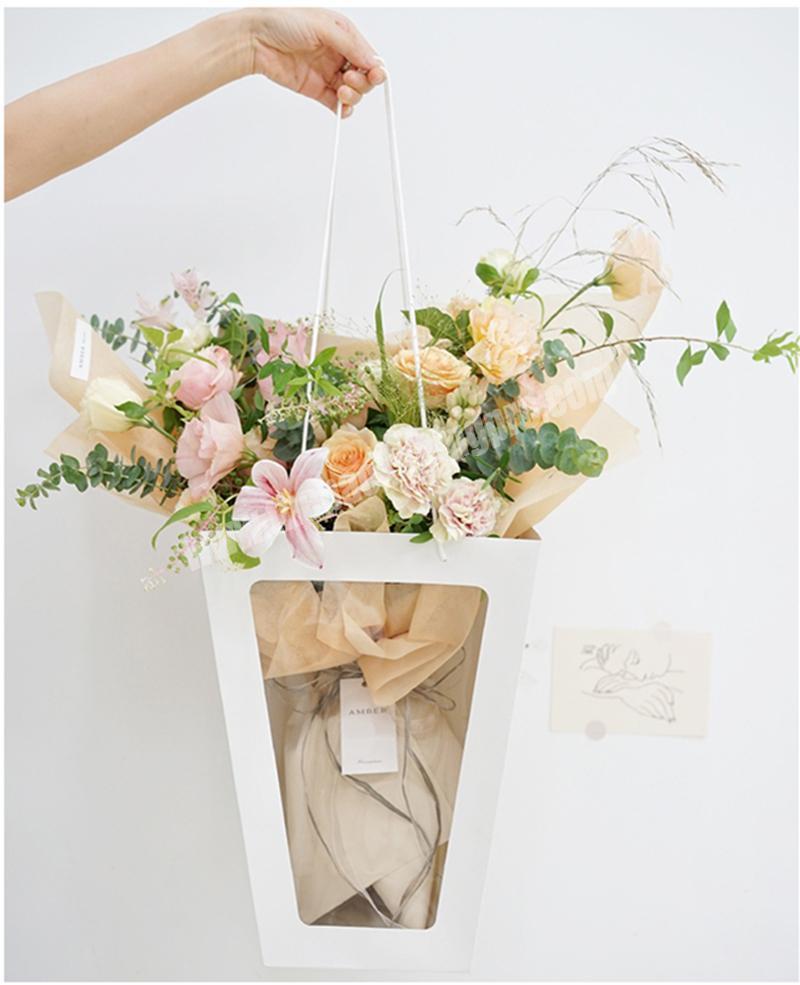 Window Bouquet Rose Floral Gifts Paper Bag Logo Flat Handle Paper Bag Print Valentine's Day See Through Clear Plastic Custom OEM