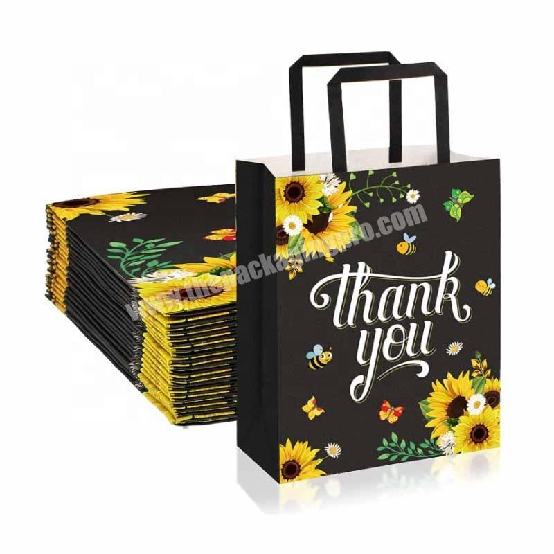 black Thank You Sunflower Kraft Paper Bags with Handles for Business Gifts Wedding Favors Shopping Goody Bags