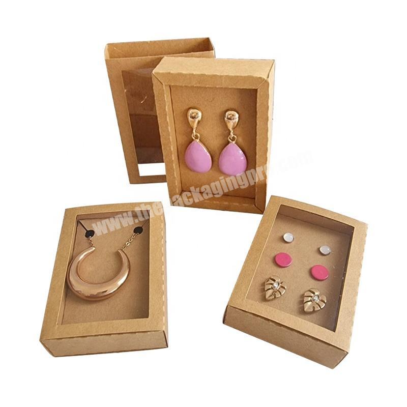 custom logo printed Brown Kraft luxury slide drawer earrings paper jewelry gift boxes packaging with Presentation Windows