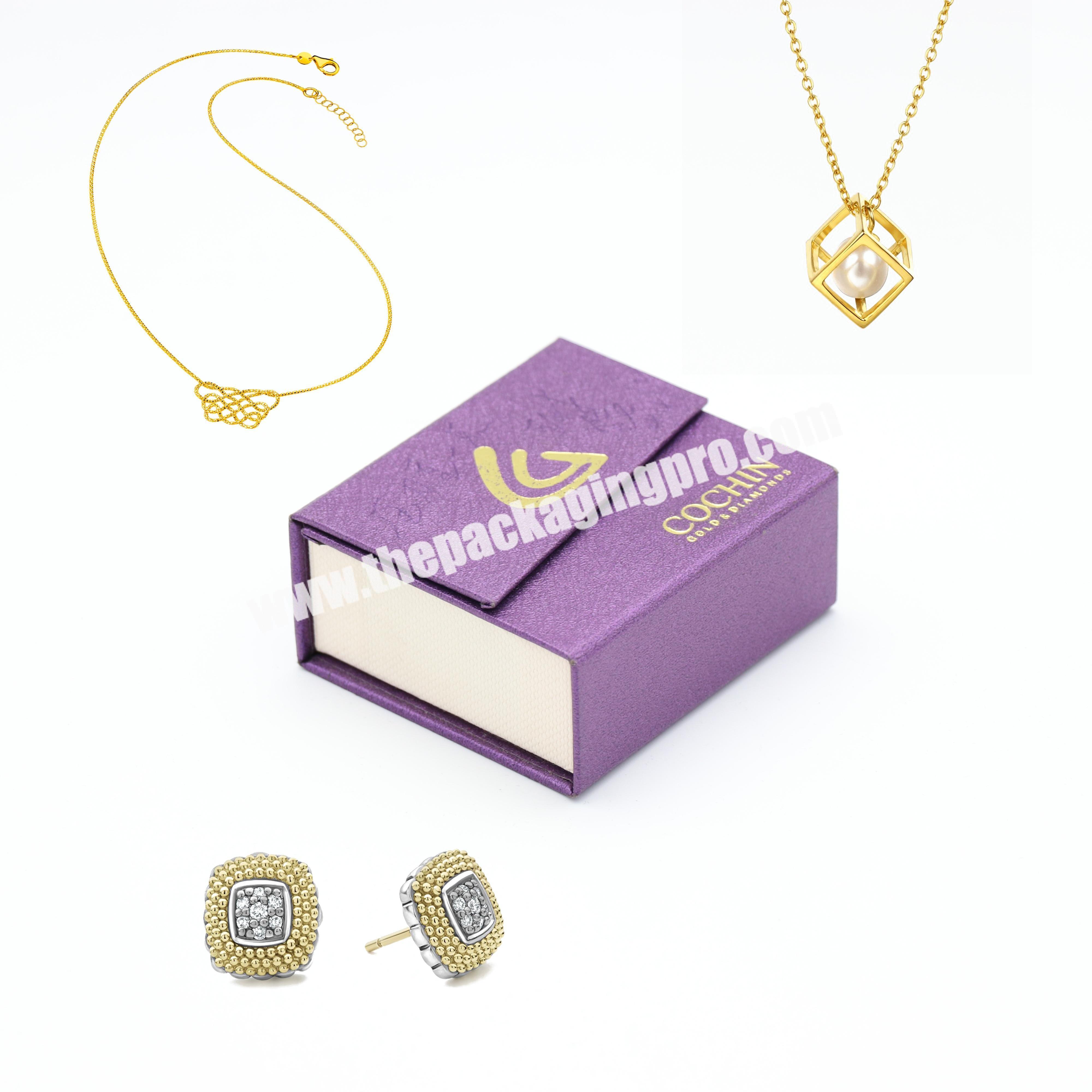 custom logo printed luxury purple paper cardboard magnetic closer necklace jewelry gift box jewelry packaging box jewelry box