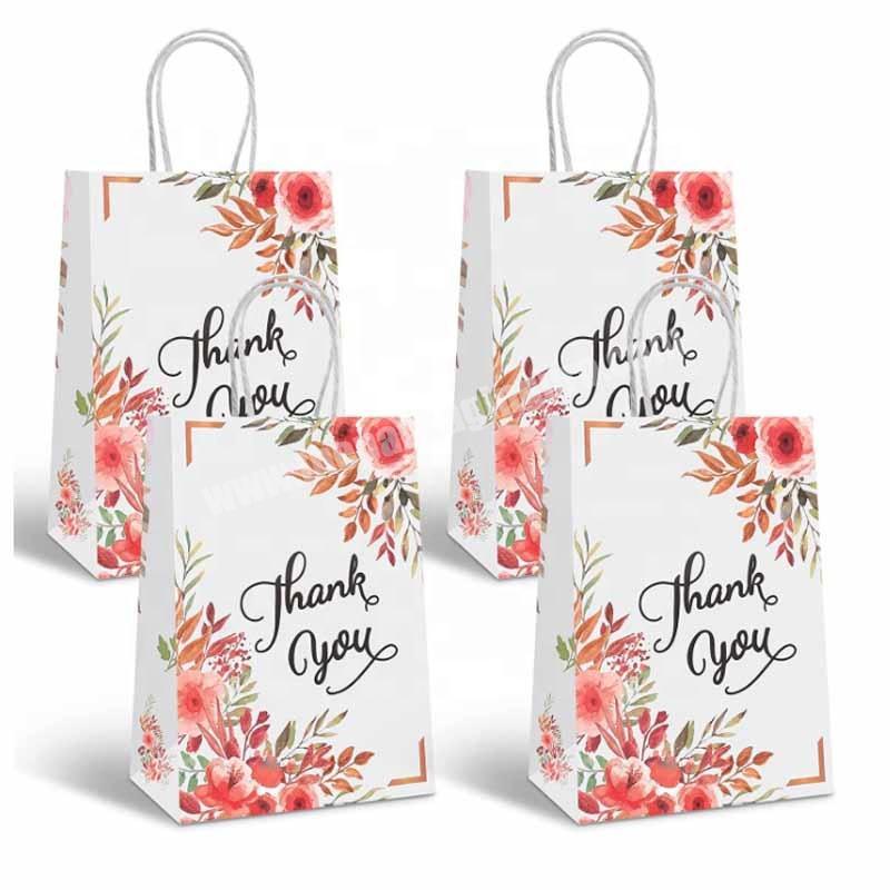 eco friendly Thank You Gift Medium Paper Bags With logo Handles Floral Design White Kraft Shopping Bags