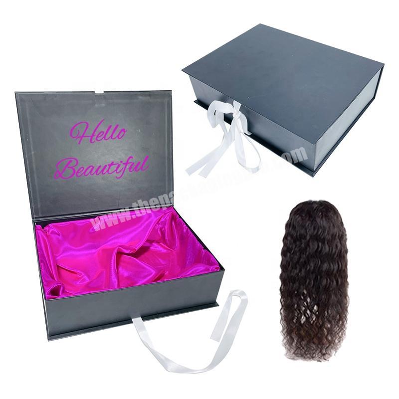custom logo luxury hair packaging paper boxes with Satin Ribbon wholesale black bundles wig packaging for hair extension box