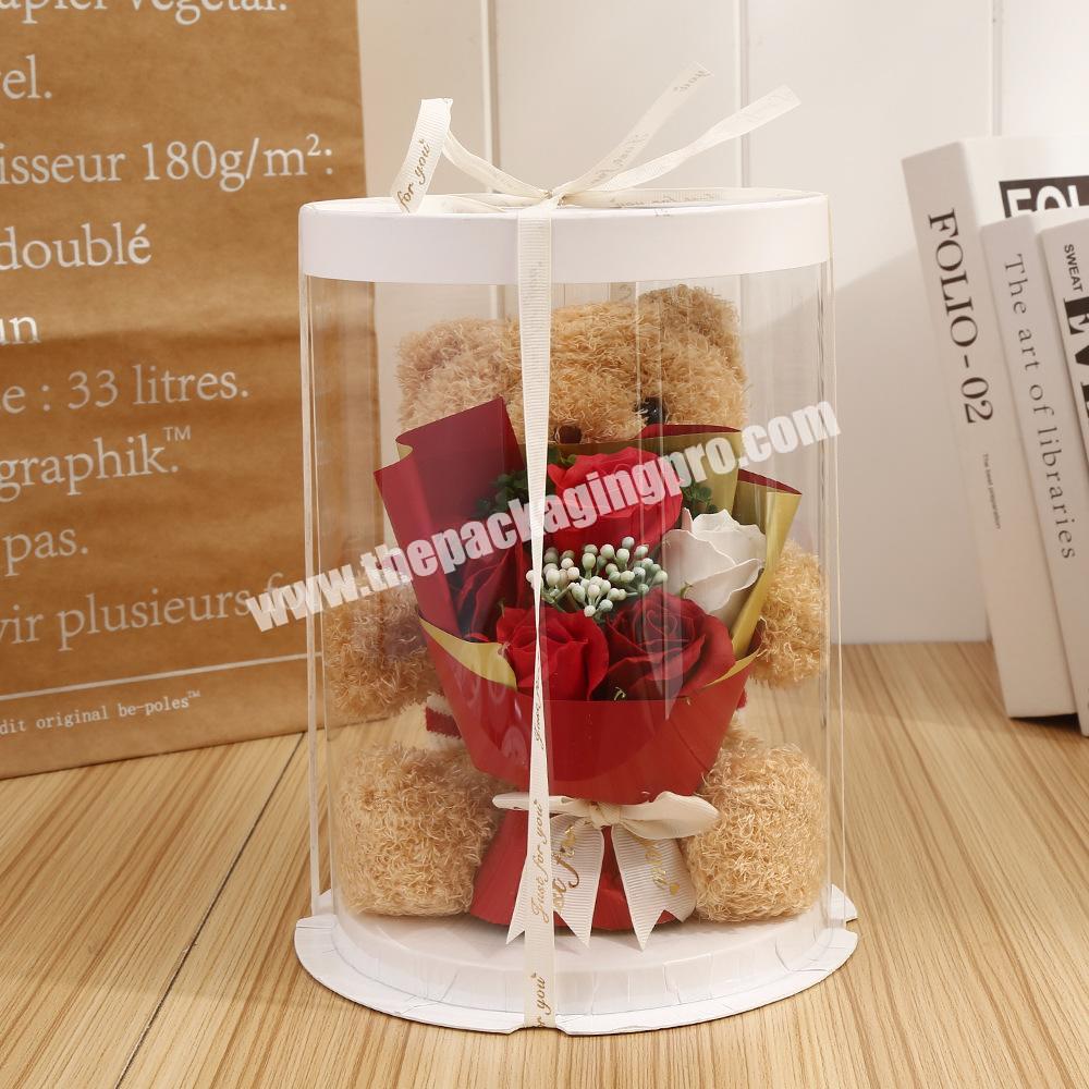 2022 Rose Flower Bear Packaging Box Tall Clear Cylindrical Transparent Round Cake Box Flower Gift Dustproof Exhibition Box
