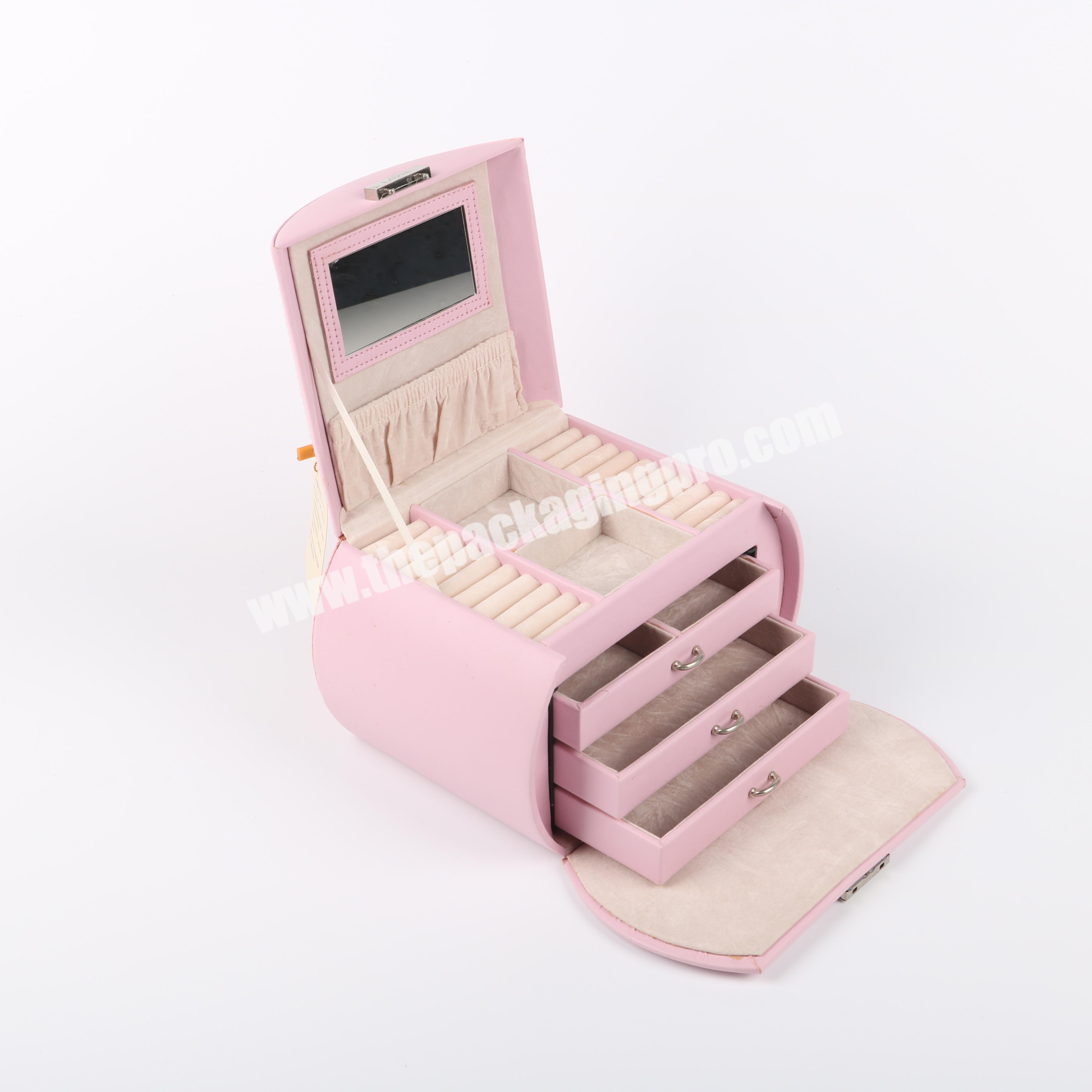Art design pink drawer type jewelry storage box, easy to carry jewelry leather box with metal buckle