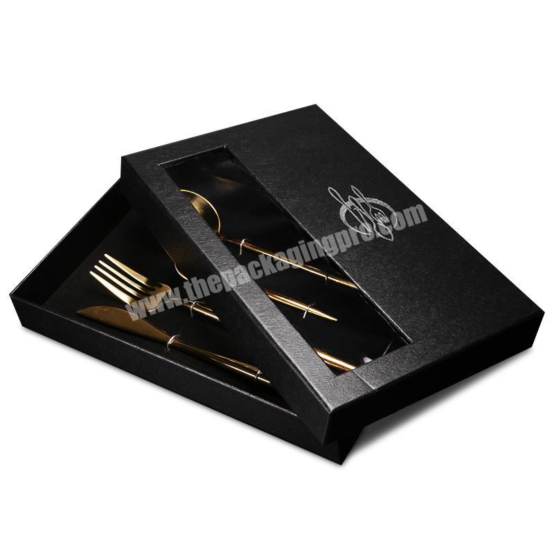 Clear PVC window luxury gold hot stamping logo cardboard black tableware set fork spoon knife packaging gift box