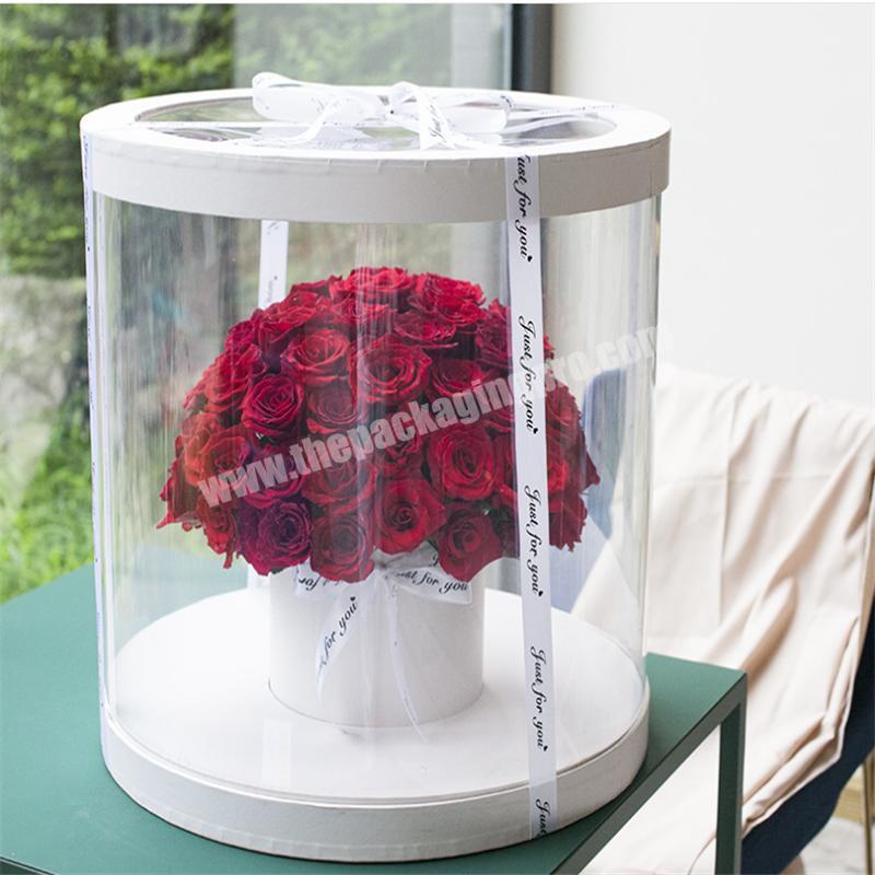 Clear round cylinder paper fake flower bouquet gift packaging box for flower transparent cover flower bear storage box